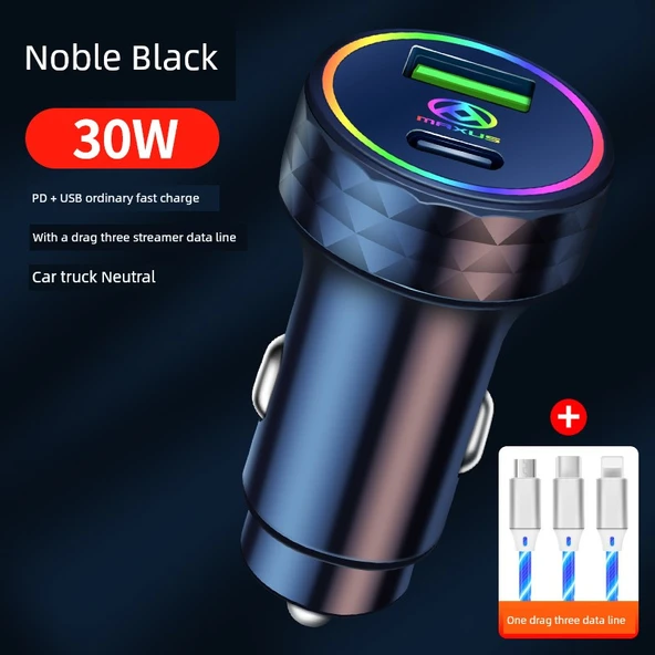 USB Hızlı Araç Şarj Aleti - Siyah 30W + Üçü Bir Arada Renkli Data Kablosu