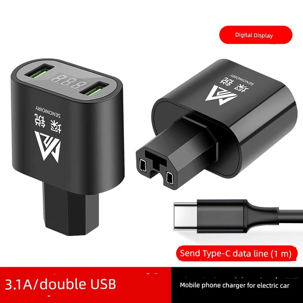 Elektrikli Araç USB Şarj Cihazı - 3.1A Siyah Dijital Ekran + 1m Type-C Kablo