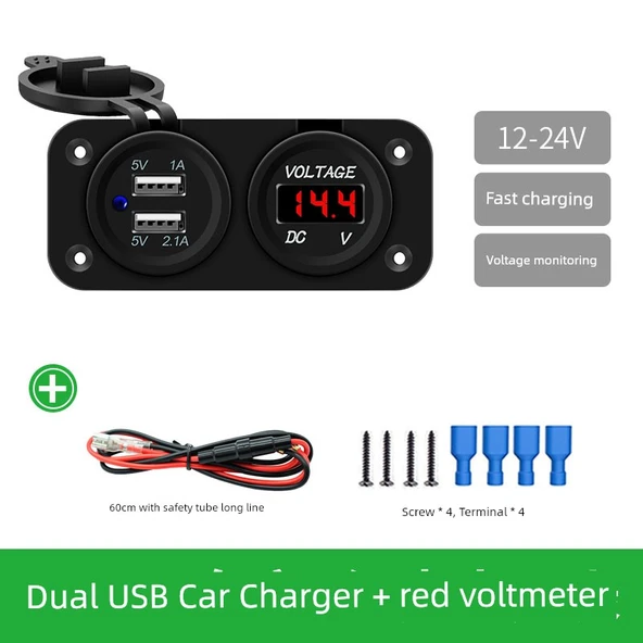 24V Çift USB Araç Şarj Cihazı - İki Girişli 1: USB Araç Şarjı + Voltmetre