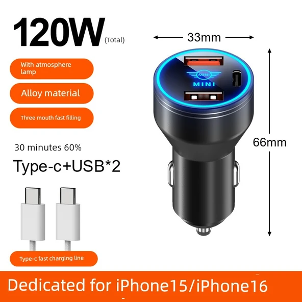 BMW MINI Alaşımlı Siyah Araç Şarj Cihazı - 120W Süper Hızlı Şarj - Apple 5~14 Kablolu
