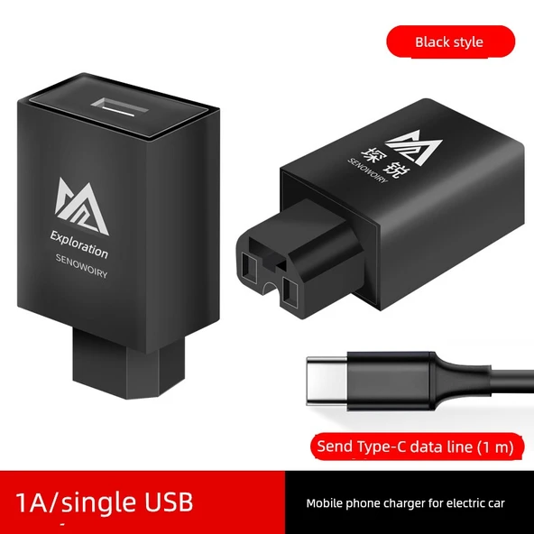 Elektrikli Araç USB Şarj Başlığı - 1A Siyah + 1m Type-C Kablo