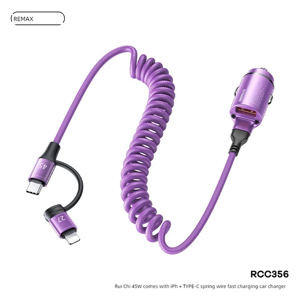 45W USB-A'dan Lightning ve Type-C Yaylı Kablolu Hızlı Araç Şarj Cihazı - 100cm Mor