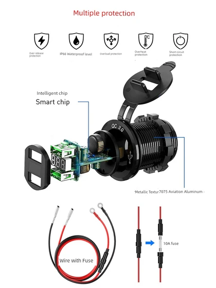 Elektrikli Araç Hızlı Şarj Cihazı - Çift QC Hızlı Şarj - Anahtarlı - Dijital Mavi - Metal Siyah Kasa - 2m Adaptör - 4