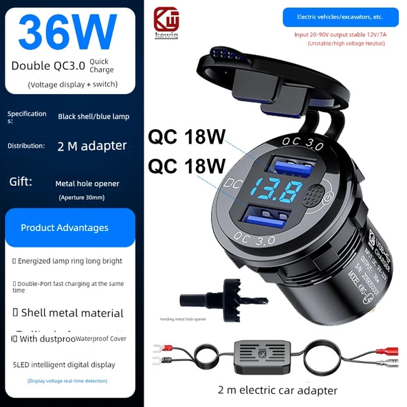 Elektrikli Araç Hızlı Şarj Cihazı - Çift QC Hızlı Şarj - Anahtarlı - Dijital Mavi - Metal Siyah Kasa - 2m Adaptör