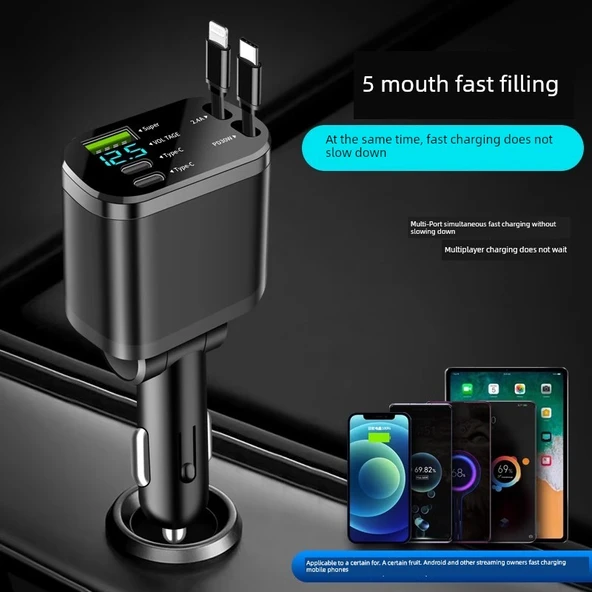 120W Araç Şarj Cihazı - 360W Android Seti (5 Port) Teleskopik Kablo + Type-C Kablo - Resim 3
