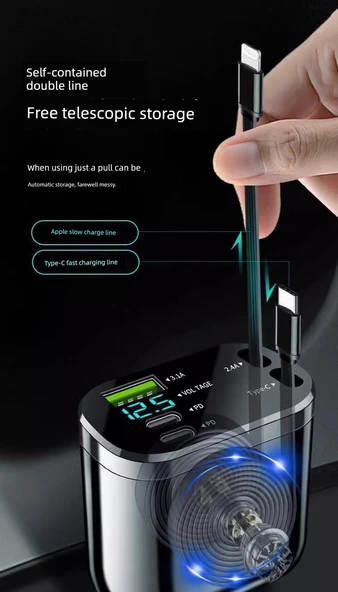120W Araç Şarj Cihazı - 360W Android Seti (5 Port) Teleskopik Kablo + Type-C Kablo - Resim 11