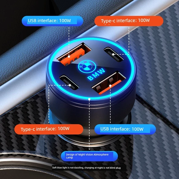 BMW Araç Şarj Cihazı 200W Gizli Alaşım Siyah + Üçü Bir Arada Hızlı Şarj Kablosu - 4