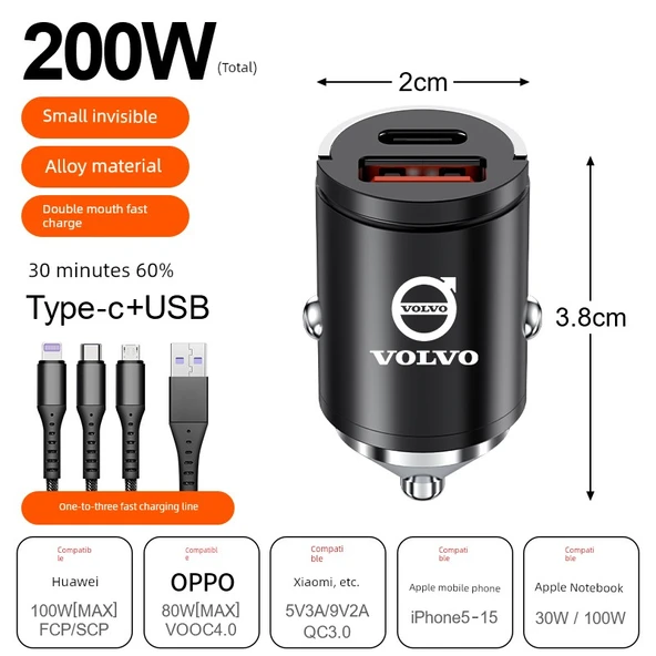 Volvo Araç Şarj Cihazı 200W Süper Hızlı Şarj Alaşım Siyah + 3'ü 1 Arada Hızlı Şarj Kablosu