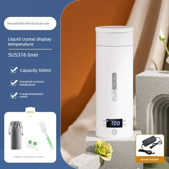 Multifonksiyonel Taşınabilir Araç Kettle - Ev/Araba - Adaptörlü - 316 LCD Ekranlı