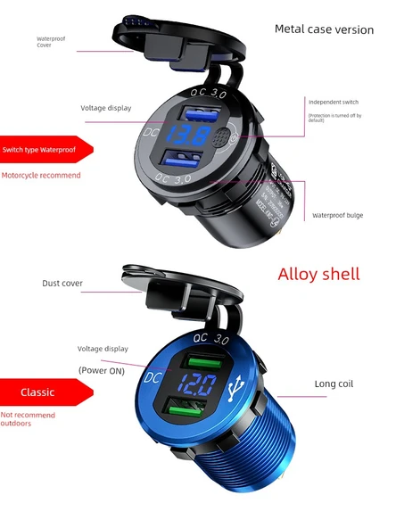 Elektrikli Araç Hızlı Şarj Cihazı - Çift QC Hızlı Şarj - Anahtarlı - Dijital Mavi - Metal Siyah Kasa - 2m Adaptör - 6