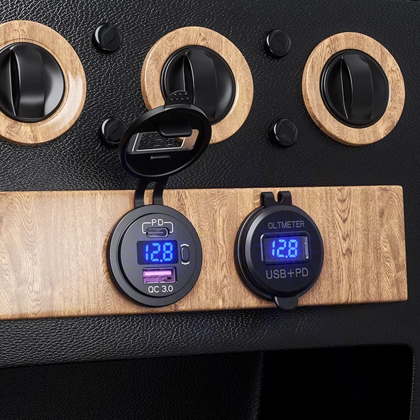 Elektrikli Araç Hızlı Şarj Cihazı - Çift QC Hızlı Şarj - Anahtarlı - Dijital Mavi - Metal Siyah Kasa - 2m Adaptör - 8