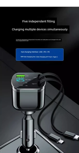120W Araç Şarj Cihazı - 360W Android Seti (5 Port) Teleskopik Kablo + Type-C Kablo - Resim 10