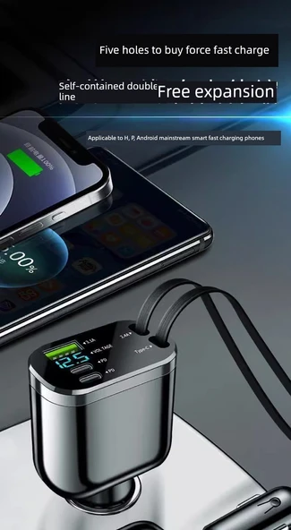 120W Araç Şarj Cihazı - 360W Android Seti (5 Port) Teleskopik Kablo + Type-C Kablo - Resim 7