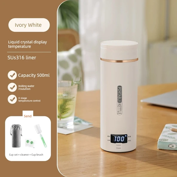 Multifonksiyonel Taşınabilir Araç Kettle - 316 Krem Beyaz LCD Ekranlı