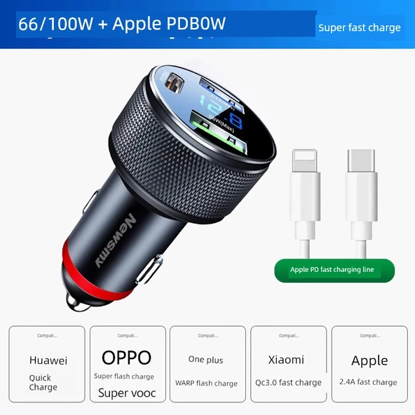 100W Araç Şarj Cihazı - Üç Portlu Dijital Ekran [66/100W + PD30W Süper Hızlı Şarj] + Apple PD Hızlı Şarj Kablosu