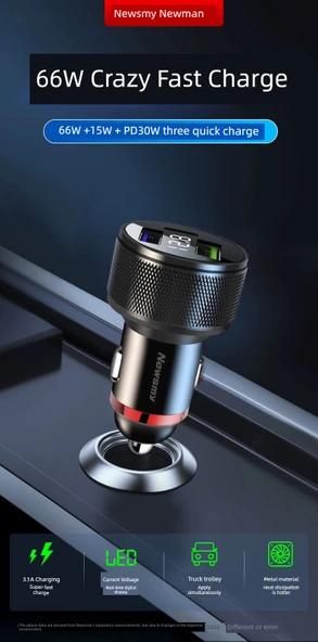 100W Araç Şarj Cihazı - Dört Portlu Dijital Ekran [USB 66/100W + C100W Süper Hızlı Şarj] - 6