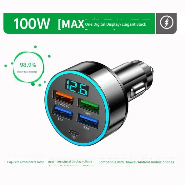 120W Süper Hızlı Araç Şarj Cihazı - 100W (5 Port, Kablosuz)