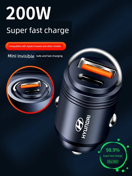 Hızlı Araç Şarj Cihazı - 200W Süper Hızlı Şarj - Asil Siyah + 3'ü 1 Arada Data Kablosu - 3