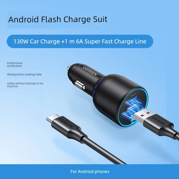130W Araç Şarj Cihazı - Android Hızlı Şarj Seti - 1m 6A Kablo
