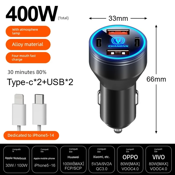 Araç Şarj Cihazı - 400W Süper Hızlı Şarj Alaşımlı Siyah + Apple 5~14 Hızlı Şarj Kablosu
