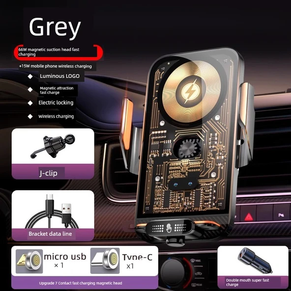 Manyetik Kablosuz Araç Şarj Aleti - Gri - J Klips + 100W Şarj Başlığı - 66W - Akıllı Sensör