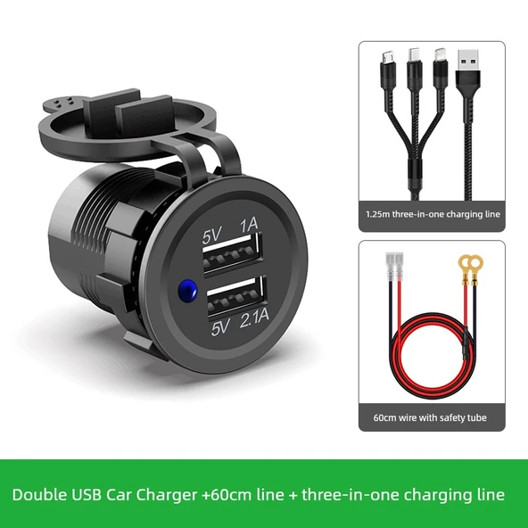 USB Araç Şarj Cihazı - 60cm Kablolu + Üçü Bir Arada Şarj Kablosu