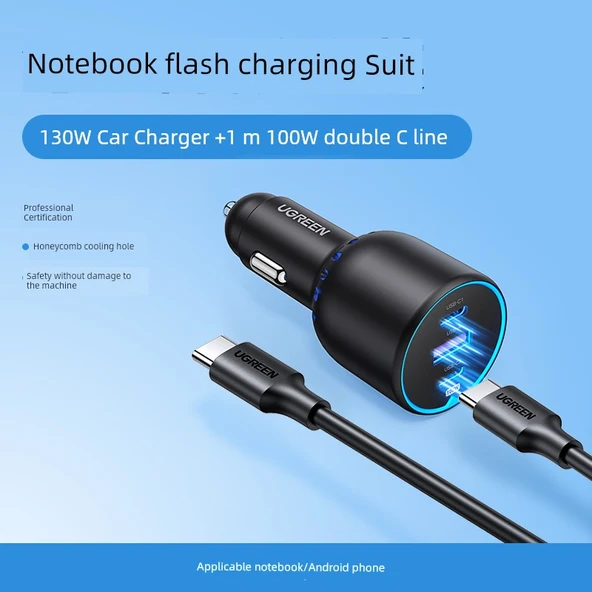 130W Araç Şarj Cihazı - 130W Üçlü Hızlı Şarj Seti - 1m 100W Çift C Kablo