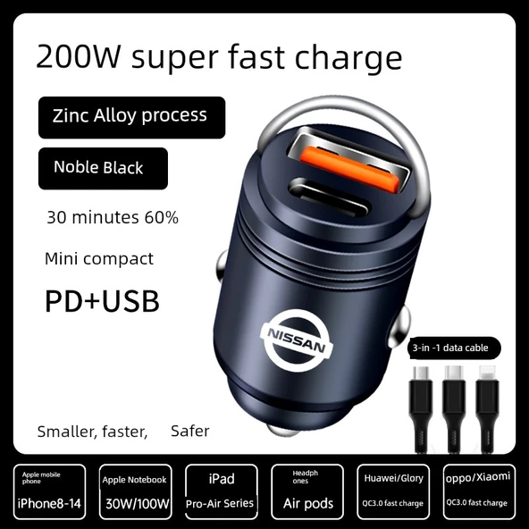 200W Süper Hızlı Şarj Araç Şarj Cihazı ve 3'ü 1 Arada Data Kablosu - Siyah