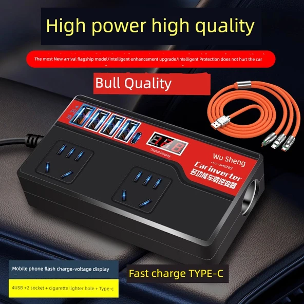 12V/24V Araç İçi Çakmaklık Güç Çevirici - Siyah - Dijital Ekranlı - Hızlı Şarj Type-C + 3'lü Data Kablosu
