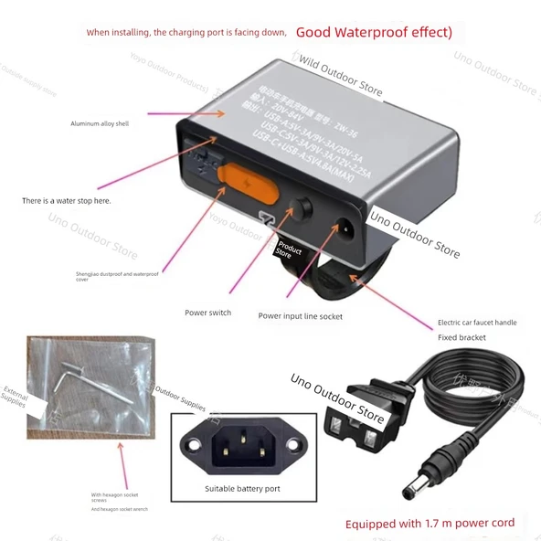 60V 72V Elektrikli Araç Telefon Şarj Cihazı - Ürün Yazılı Fişli, PD + USB Hızlı Şarj, Alüminyum Alaşımlı Gidon