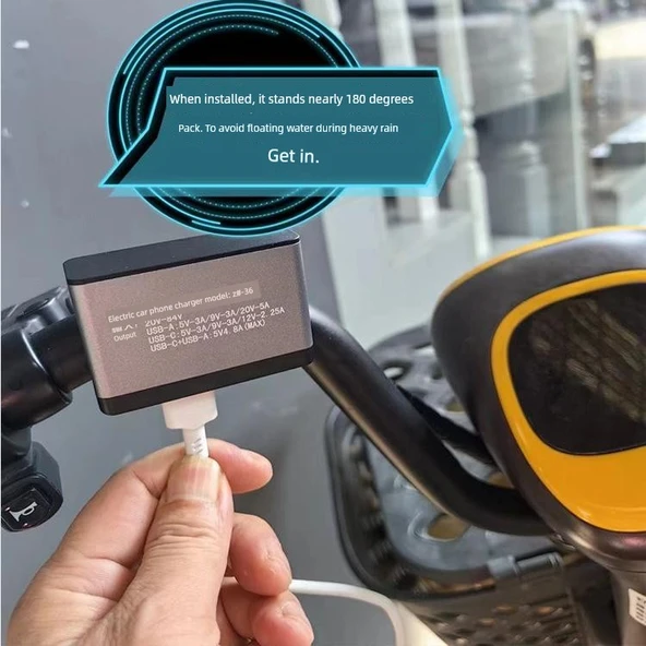 Elektrikli Araç USB Şarj Aleti - Ürün Fişli - PD + USB Hızlı Şarj - Alüminyum Alaşımlı - Anahtarlı (36V-84V) - 5