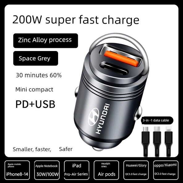 Hızlı Araç Şarj Cihazı - 200W Süper Hızlı Şarj - Uzay Grisi + 3'ü 1 Arada Data Kablosu