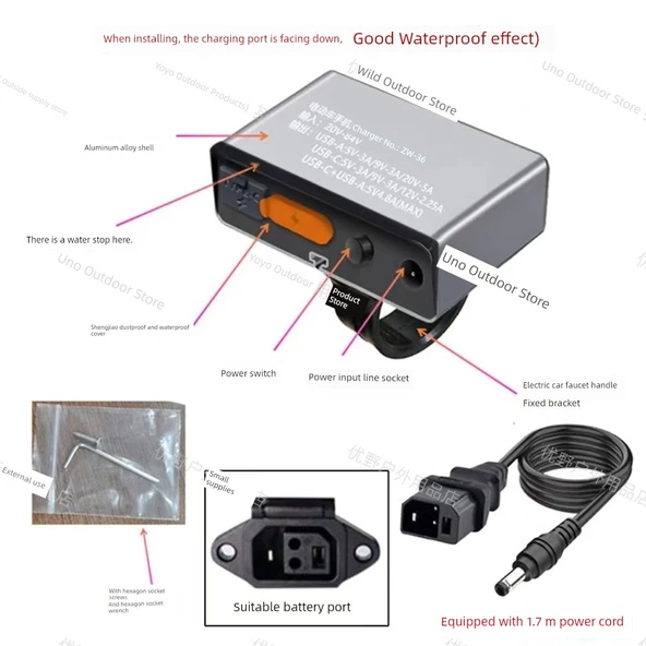 60V 72V Elektrikli Araç Telefon Şarj Cihazı - Yeni Standart Fişli, PD + USB Hızlı Şarj, Alüminyum Alaşımlı Gidon