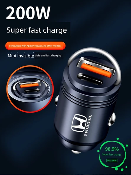 Honda 200W Süper Hızlı Araç Şarj Cihazı - Gri - 3'ü 1 Arada Data Kablolu - 3