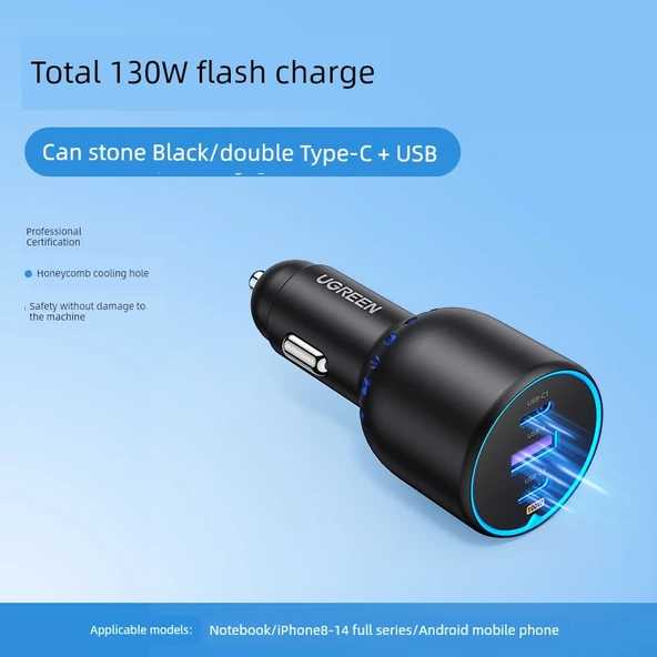 130W Araç Şarj Cihazı - Çift C + USB - Üçlü Hızlı Şarj