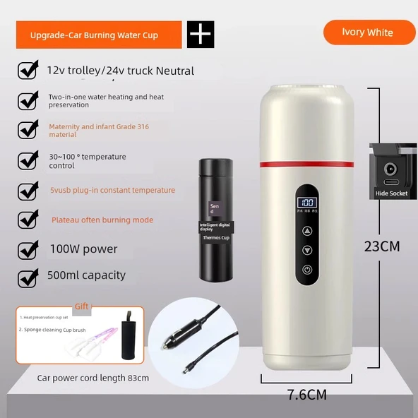 Dijital Ekranlı Araba Su Isıtma Termosu - Beyaz - 500ml - USB