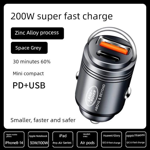 200W Süper Hızlı Araç Şarj Cihazı - Gri
