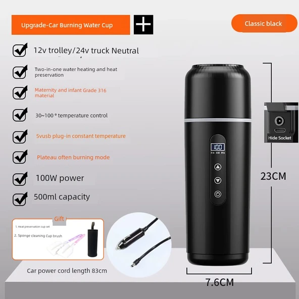 Araba Su Isıtma Termosu - Siyah - 500ml - USB