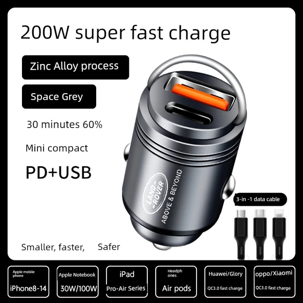 200W Süper Hızlı Araç Şarj Cihazı - Gri + 3'ü 1 Arada Data Kablosu