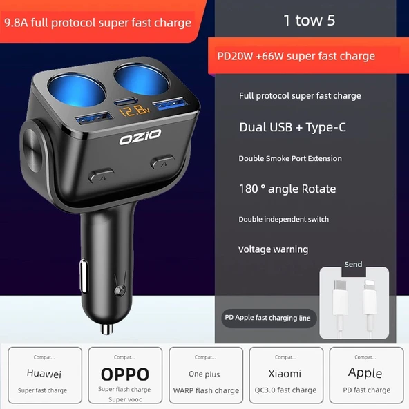 Çift Başlıklı Hızlı Araç Şarj Cihazı 66W + PD20W - Mat Siyah + Apple PD Hızlı Şarj Kablosu