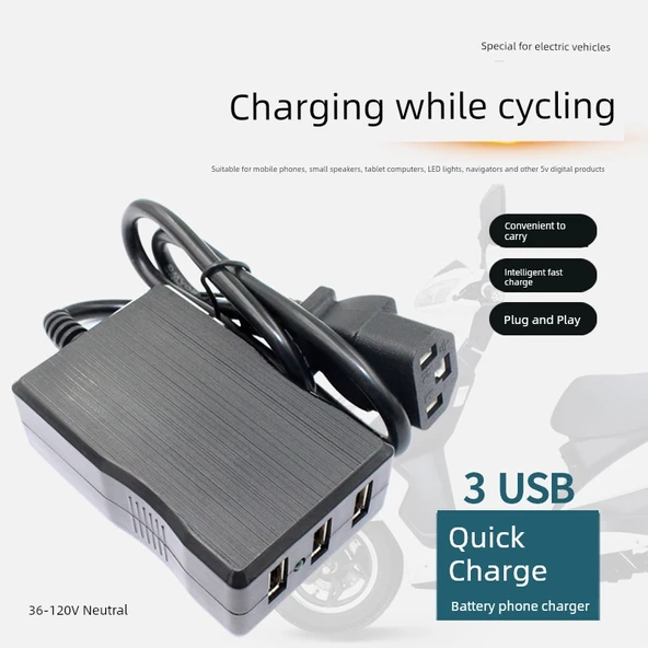48V-84V Elektrikli Araç USB Şarj Aleti - Üç Girişli + Type-C Kablo - 5