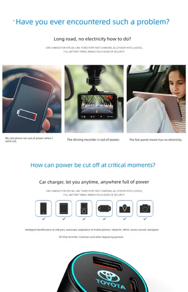 Toyota RAV4 Araç Şarj Cihazı 120W Süper Hızlı Şarj Type-C Lightning Apple Data Hattı Işıklı - 9