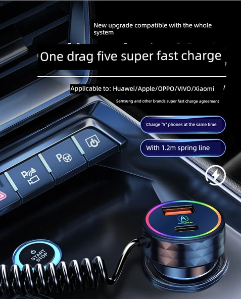 Acura Araç Şarj Cihazı - Seçkin Siyah 66W Süper Hızlı Şarj + Üçü Bir Arada Data Kablosu - 9