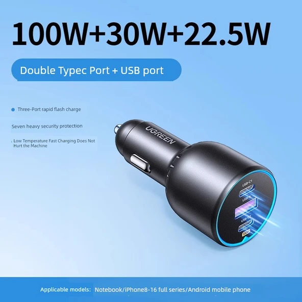 130W USB+C Port Araç Şarj Cihazı - PD100W/22.5W Süper Hızlı Şarj