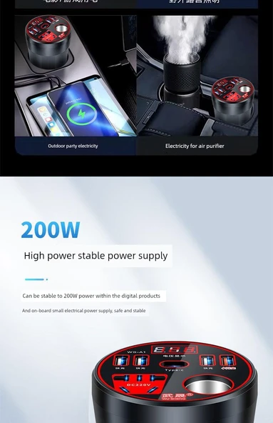 12V/24V Araç Şarj Inverter 220V Dönüştürücü - [Amiral Siyah] Type-C Port + Dijital Ekran + QC3.0 Hızlı Şarj - 9