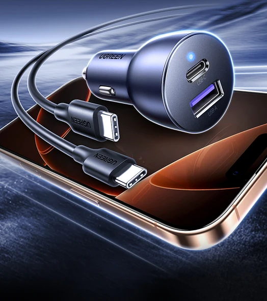 60W Çift Hızlı Şarj USB + C Araç Şarj Cihazı - Android/iPhone 8-16 - 7