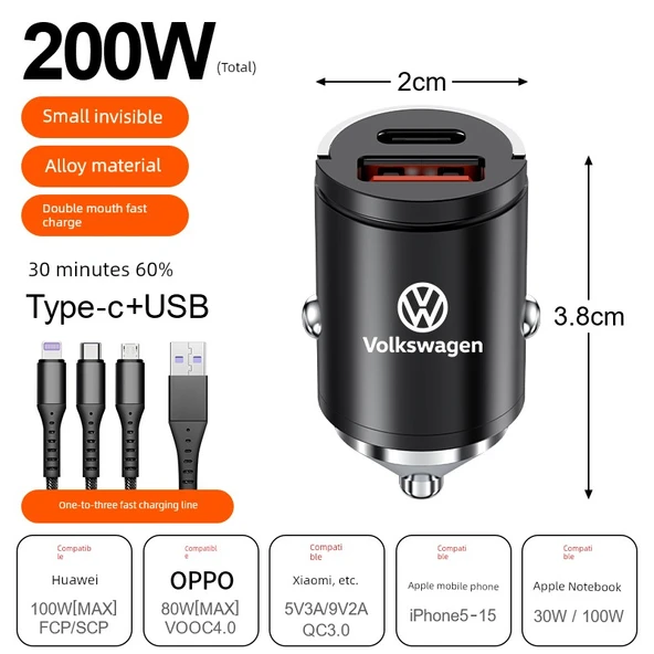 Volkswagen Araç Şarj Aleti - 200W Süper Hızlı Şarj - Alaşım Siyah + 3'ü 1 Arada Kablo