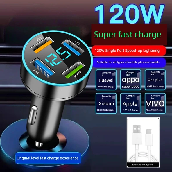 Hızlı Araç Şarj Cihazı 120W 4 Port Süper Hızlı Şarj + Type-C Kablo