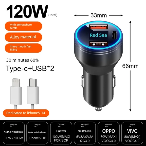 Hızlı Şarj Alaşımlı Araç Şarjı - 120W - Siyah + Apple 5~14 Şarj Kablosu