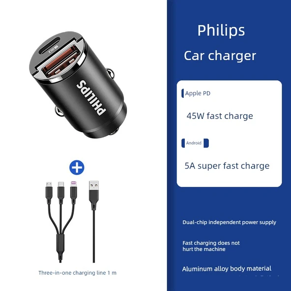 3'ü 1 Arada Hızlı Şarj Kablolu Philips Küçük Çelik Top Araba Şarjı - Gizli Siyah